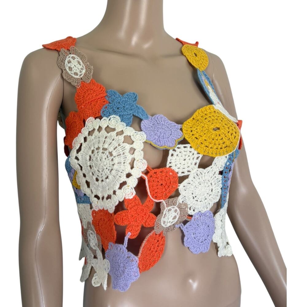 Crochet Floral Patchwork Tank Top Boho Festival Fairycore Open Knit Colorful M